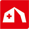 Piktogramm: Zelt mit einem roten Kreuz neben dem Eingang