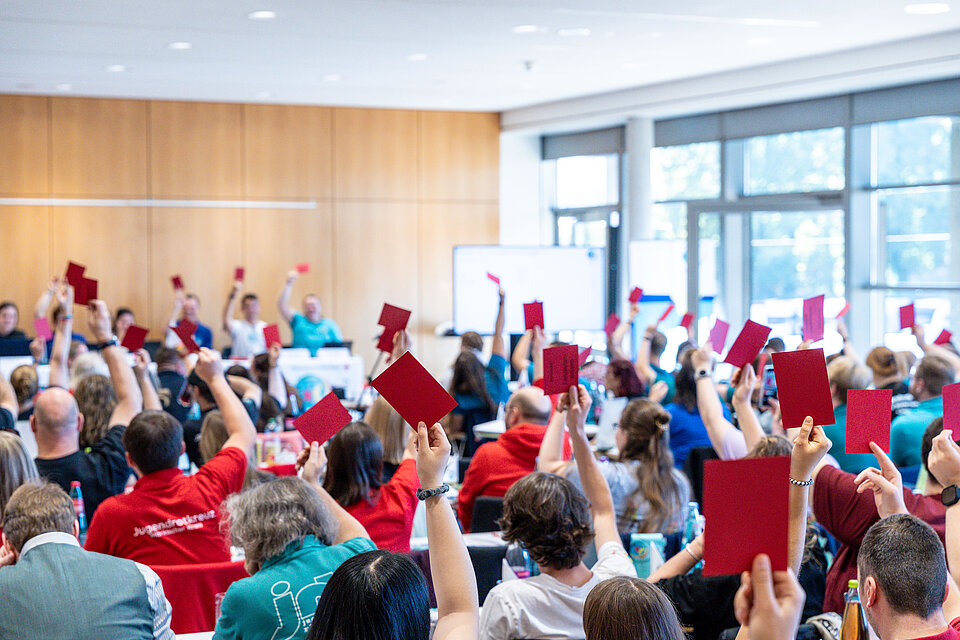 Mehrere Menschen sitzen in Reihen mit dem Rücken zur Kamera. Hinten im Bild sitzen erhöht 6 Leute auf einem Podium. Alle halten Rote Karten in die Luft