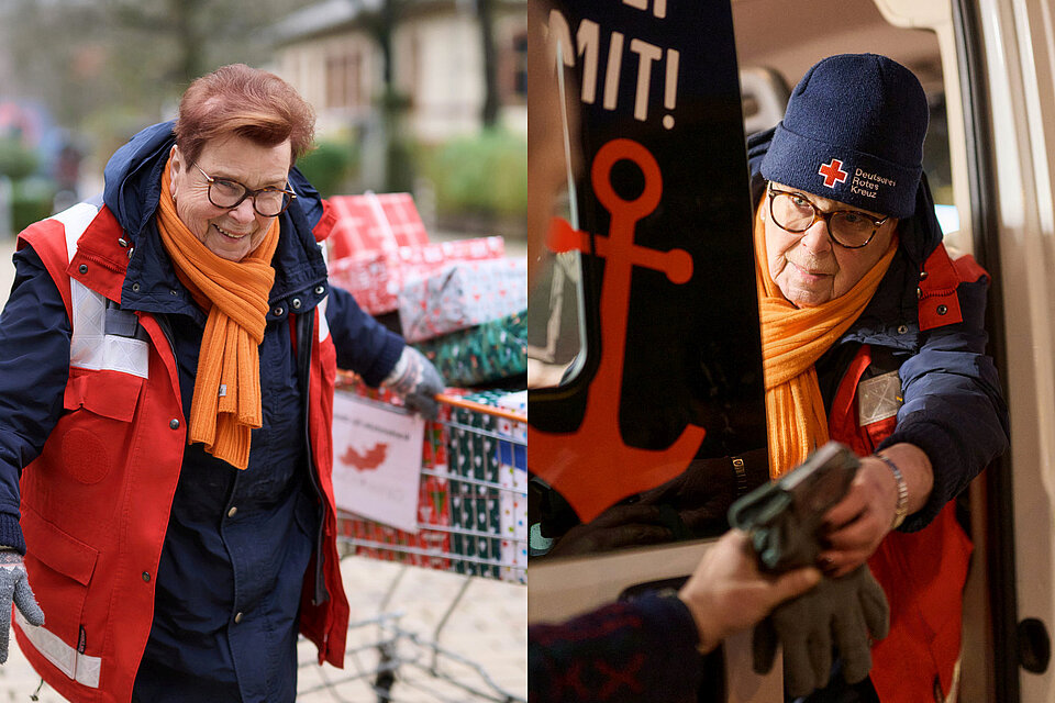 Bildmontage: Kältehilfe des DRK für Obdachlose in Hamburg (KV Hamburg-Nordost): Ehrenamtliche Helferin mit einem Einkaufswagen mit Weihnachtsgeschenken für die Obdachlosen - ehrenamtliche DRK-Helferin gibt Handschuhe an einen Obdachlosen aus