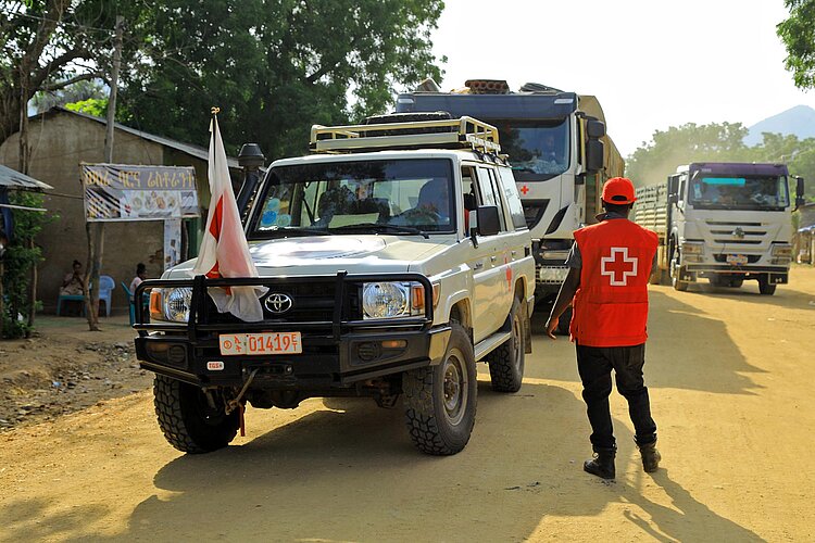Rotkreuzler vor Hilfsgüter-Transport
