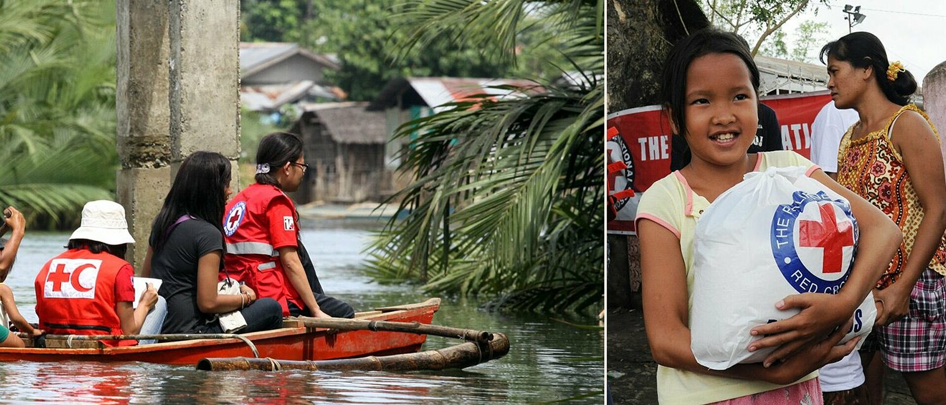 Philippinen Hilfe: Helferinnen im Boot und Kind mit Hilfsgütern