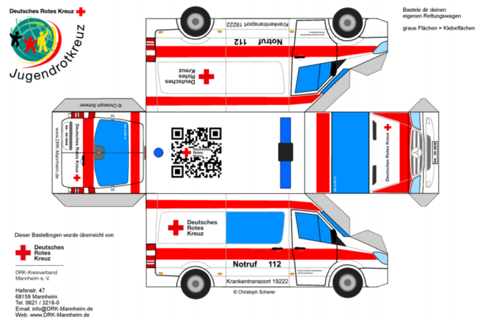 DRK Rettungswagen als Bastelbogen zum Basteln in der Corona-Zeit