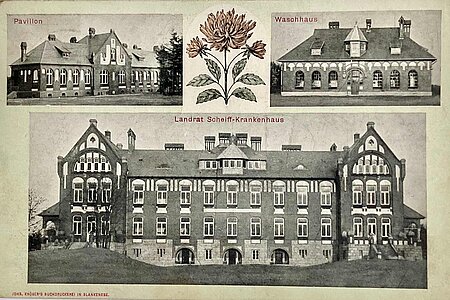 Postkarte mit Ansichten eines Krankenhauses