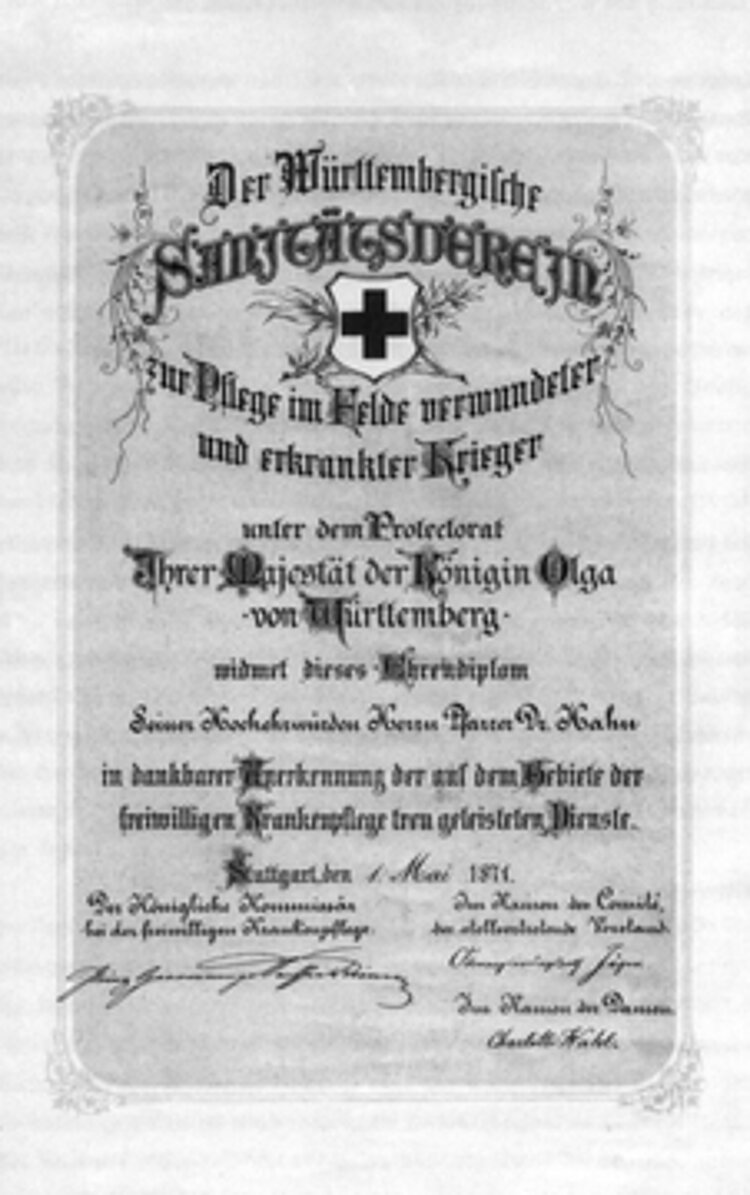Ehrendiplom des Württembergischen Sanitätsvereins für seinen Mitbegründer, Christoph Ulrich Hahn (Rotkreuz-Museum Luckenwalde)