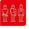 Piktogramm: Drei Menschenfiguren mit Werkzeugschlüssel, Schreibunterlage und Stethoskop