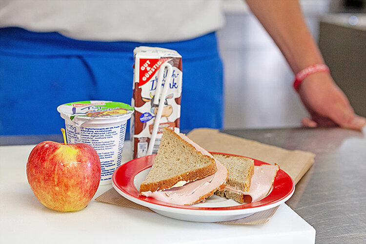 Teller mit belegten Broten, Joghurt, Apfel und Kakao