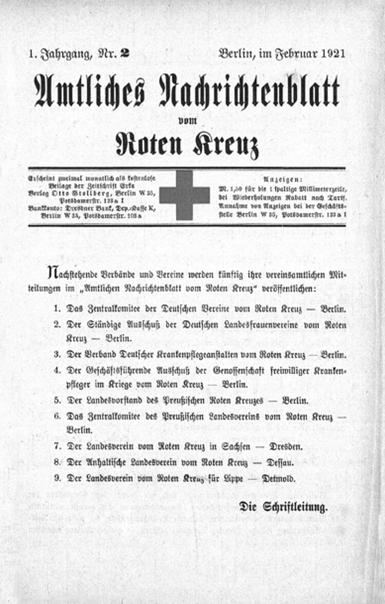 Die Gliederungen des neu aufgebauten DRK geben ab 1921 ein monatliches Nachrichtenblatt heraus (DRK)