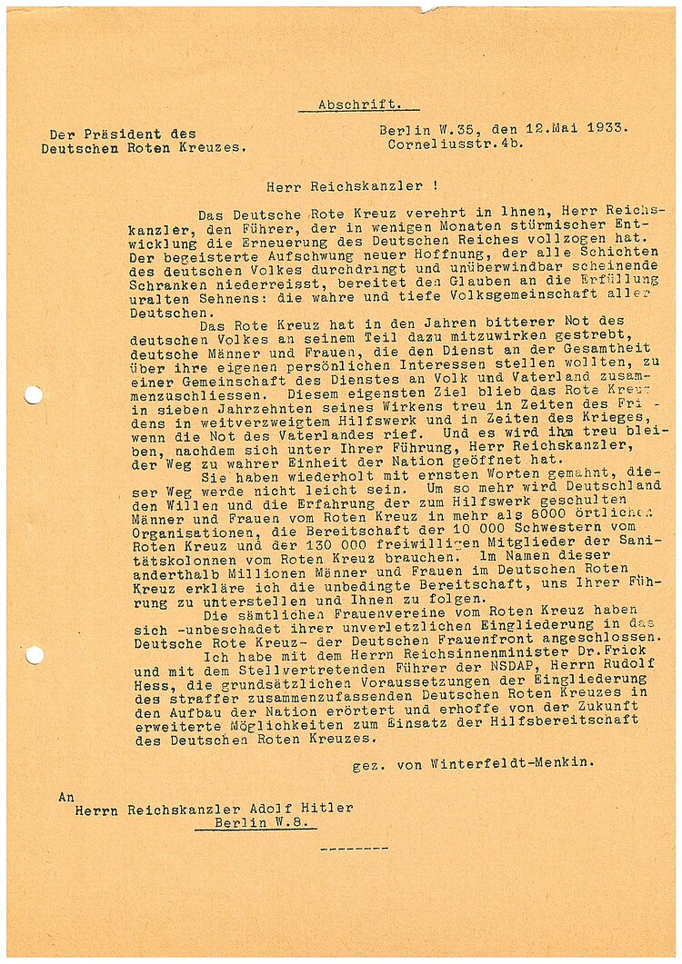 Vergilbte Abschrift des Briefes