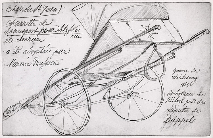 Diese preußische Rädertrage skizzierte Louis Appia 1864 bei seinem Einsatz als Delegierter des Internationalen Komitees im Deutsch-Dänischen Krieg (IKRK)