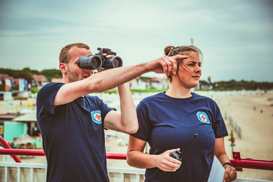 Wasserwacht an der Ostsee in Mecklenburg-Vorpommern: Helfer mit Fernglas und Walkie-Talkie