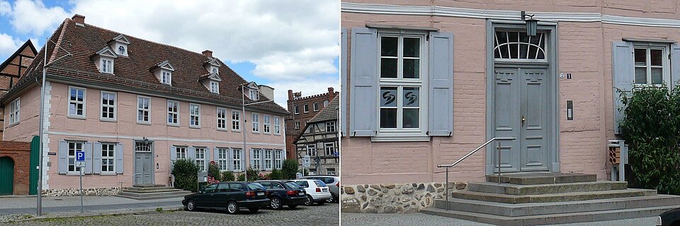 Collage Schelfmarkt Schwerin: ganzes Gebäude, Nahaufnahme Tür