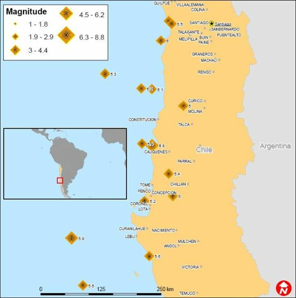 Karte: Karte von Chile mit Übersicht und Kurzinfos zum Erdbeben