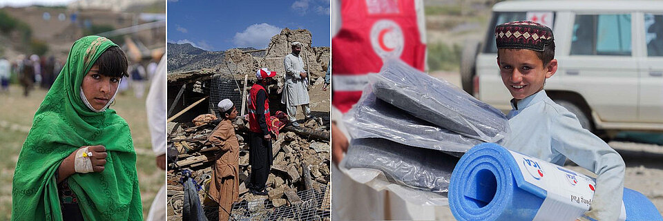 Hilfe für Afghanistan: Rothalbmond-Freiwilliger und Kind nach Hilfsgüterverteilung
