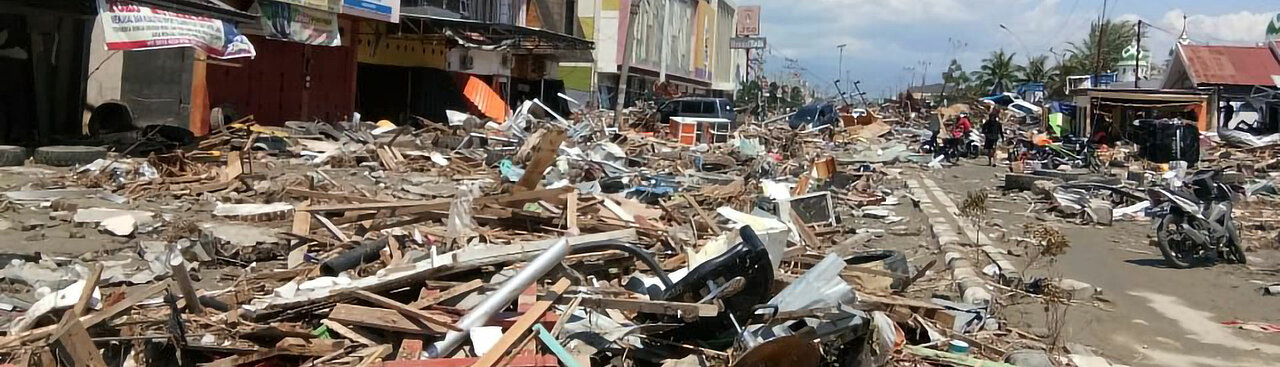 Trümmer und Schutt auf einer Straße in Palu nach dem Tsunami