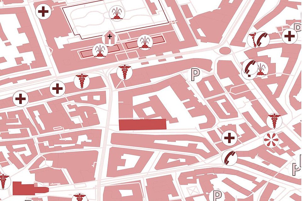 Rot eingefärbte Stadtkarte 