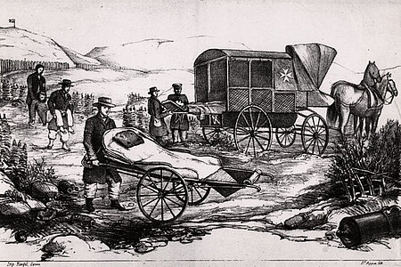 Zeichnung von Louis Appia: Verwundetentransport 