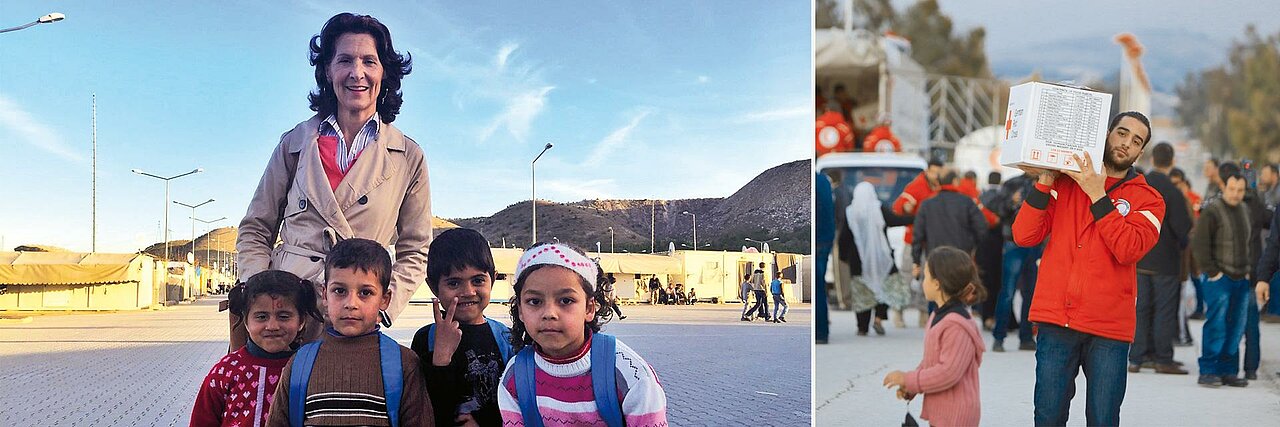 Foto: Collage eines Bildes von Antonia Rados mit Kindern sowie einer Hilfsgüterverteilung in Syrien