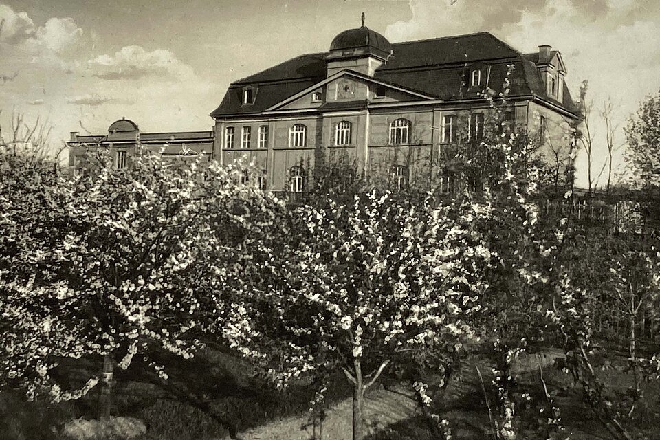 historische Postkarte mit Kurheim und Bäumen in Frühlingsblüte