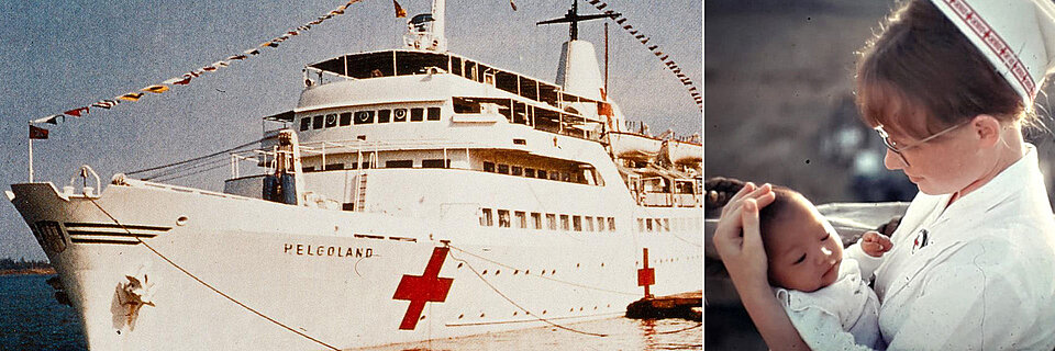 Foto: Collage aus Hospitalschiff Helgoland und Heidemarie Diestelkamp mit Baby