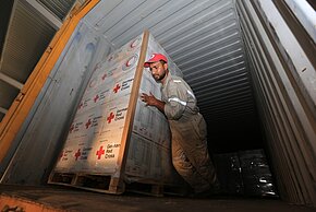 Logistik, Deutsches Rotes Kreuz, Pakete, Hilfspakete, Hilfsgüter, Lebensmittel, Lastwagen, Lieferung, Hilfe