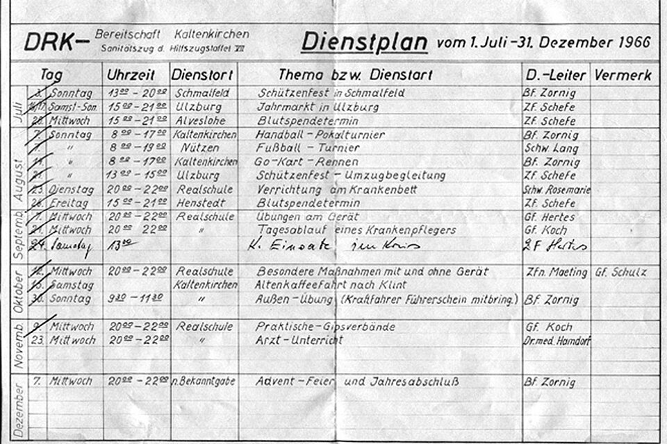 Abbildung eines Dienstplanes einer DRK-Bereitschaft