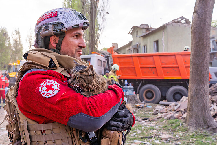 Rotkreuz-Helfer rettet Katze in der Ukraine 