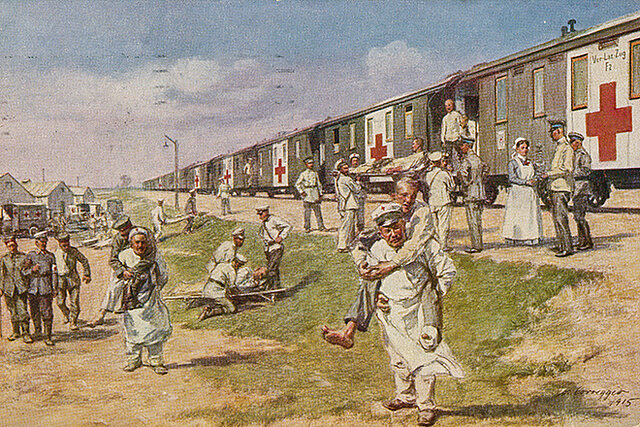 Historische Postkarte mit Lazarettzug und verwundeten Soldaten