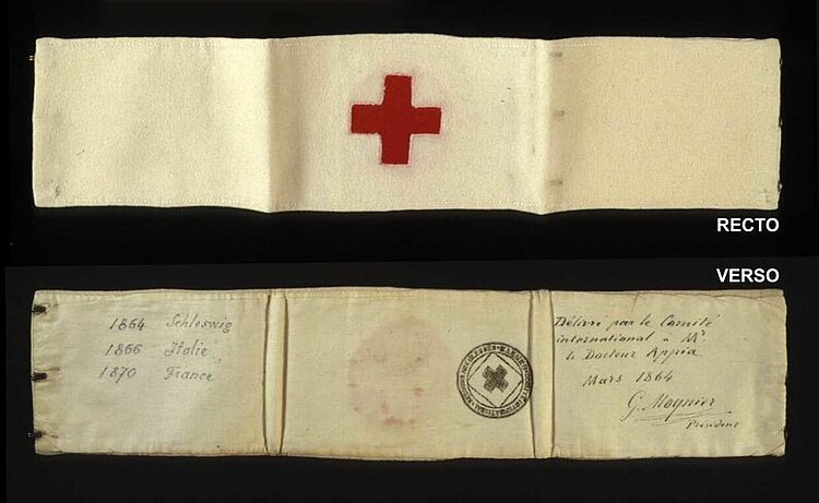 Erste Rotkreuz-Armbinde, wie sie Dr. Louis Appia 1864 genutzt hat. Der Chirurg gehörte zu den fünf Gründungsmitgliedern des Internationalen Komitees vom Roten Kreuz (IKRK)