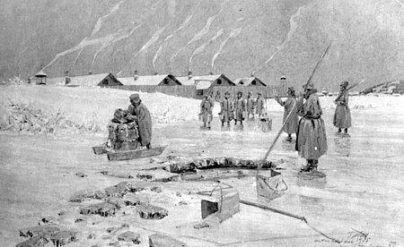 Wasserträger in einem Lager für deutsche Kriegsgefangene in Sibirien. Zeichnung eines Gefangenen von 1915 (IKRK)