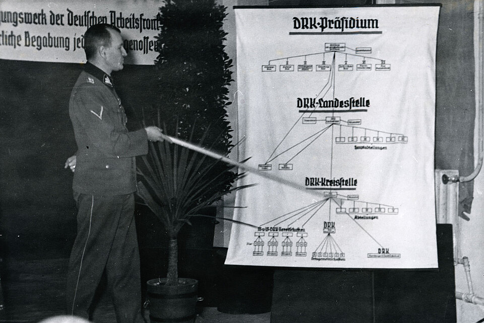 Uniformierter Mann mit Zeigestock vor Schautafel