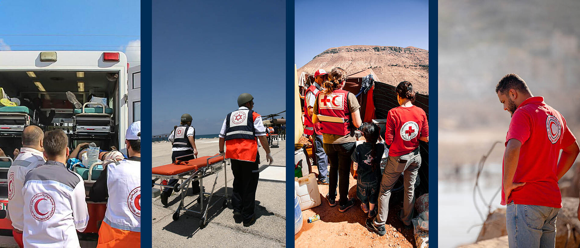 Eine Collage aus mehreren Bildern, welche Mitarbeitende der Rotkreuz- und Rothabmond-Bewegung zeigen.