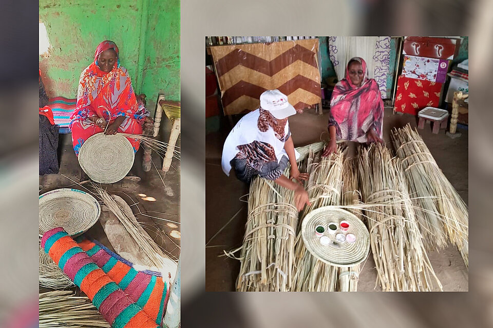 Collage einer Korb flechtenden Sudanesin