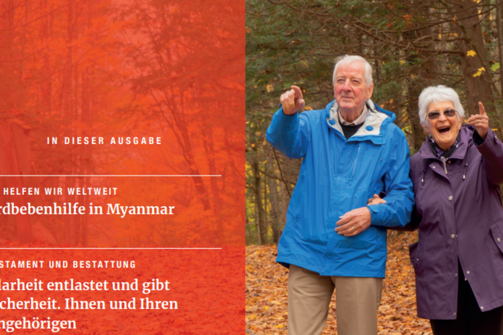 Zu sehen ist ein Screenshot des Informationsbriefs für Testamente beim DRK vom September 2025. Ein altes Paar spaziert in einem herbstlichen Laubwald und zeigt glücklich lachend in die Ferne. Das Paar ist eingehakt.