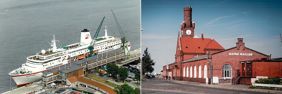 Collage: Empfangshallte Steubenhöft, Hapag-Hallen Cuxhaven