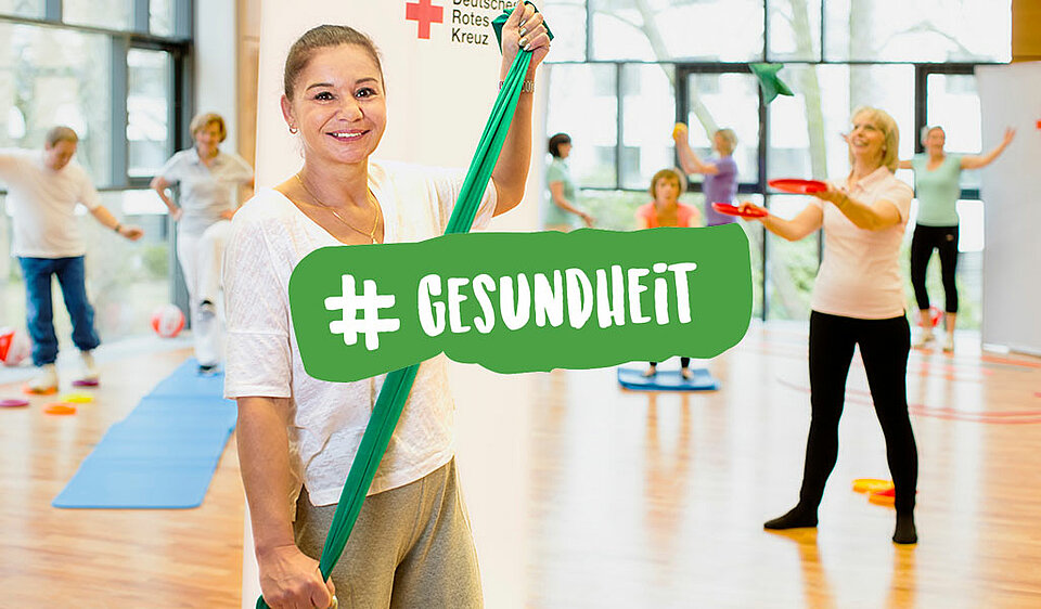 Bild:Frau macht Gymnastk + Hashtagwort "Gesundheit"