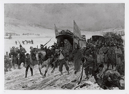 Krankenwagen der geschlagenen französischen Armee unter General Bourbaki. Der Maler und Rotkreuzhelfer Edouard Castres schuf wenig später das Bourbaki-Panorama, ein riesiges Rundgemälde in Luzern (IKRK)