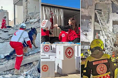 Drei Bilder von Einsätzen der DRK-Schwestergesellschaften in Iran, Israel und Libanon in Folge der Eskalation im Nahen Osten