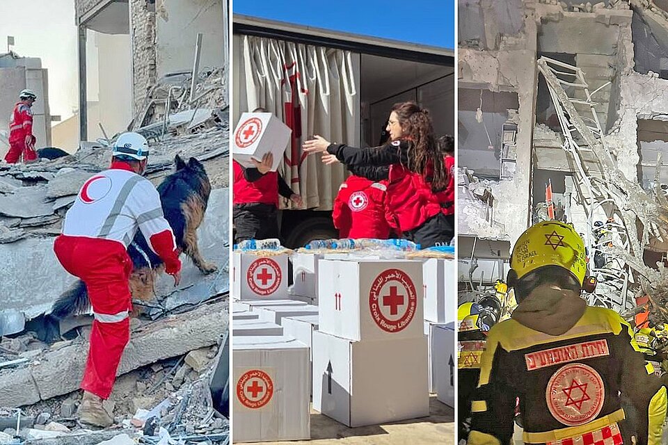 Drei Bilder von Einsätzen der DRK-Schwestergesellschaften in Iran, Israel und Libanon in Folge der Eskalation im Nahen Osten