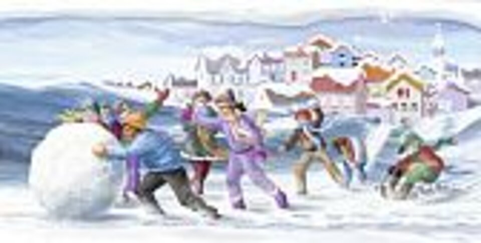 Illustration: Kinder rollen eine Schneekugel.