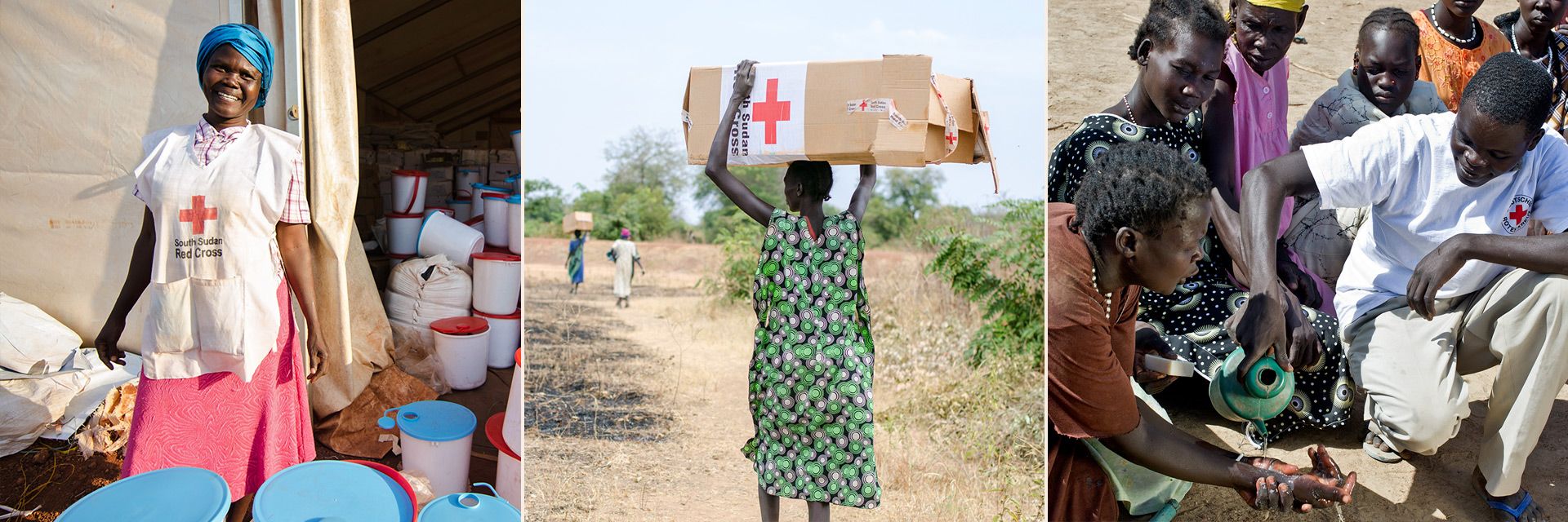 Collage mit Rotkreuz-Helfenden und Hilfsempfängerinnen im Südsudan
