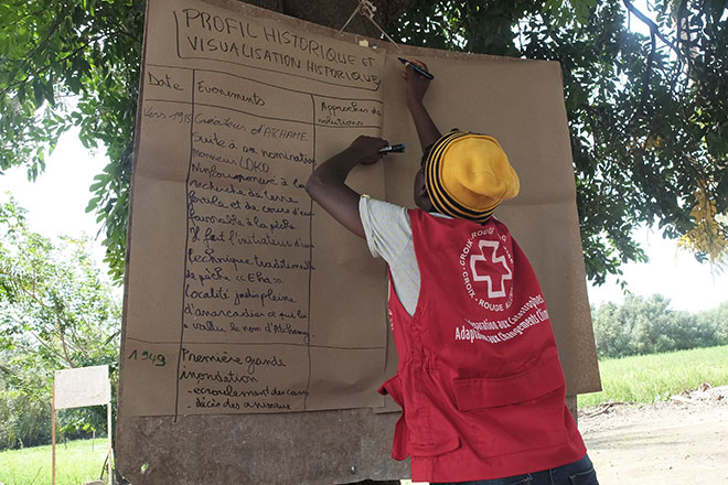 Foto: Rotkreuzlerin in Togo macht Notizen während eines Workshops