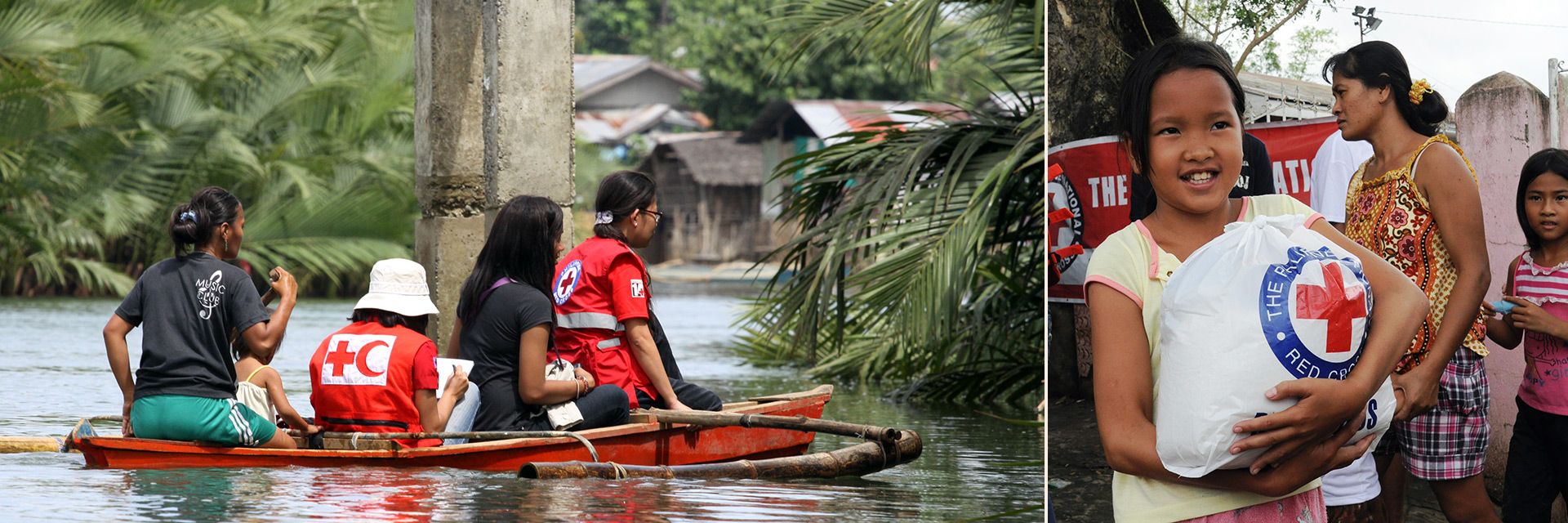 Philippinen Hilfe: Helferinnen im Boot und Kind mit Hilfsgütern