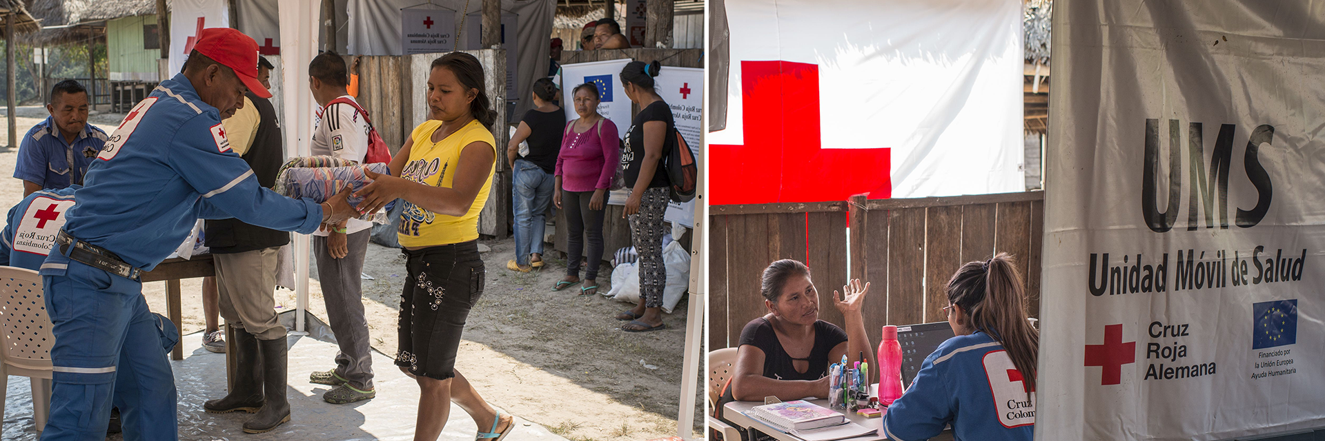 Collage: Hilfsgüterverteilung und Gespräch in mobiler Gesundheitsstation