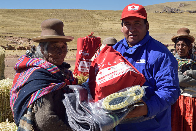 Ein Mitarbeiter des peruanischen Roten Kreuzes übergibt ein Hilfspaket an einen Alpaka-Züchter in Peru.
