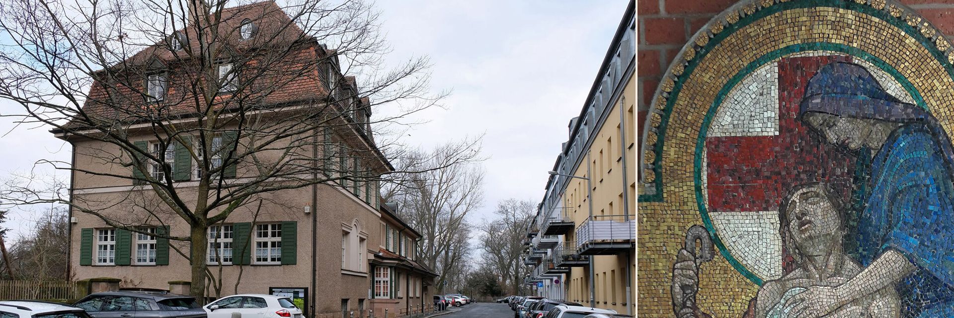 Collage: Haus in Fürth und Mosaik mit Rotkreuzmotiv