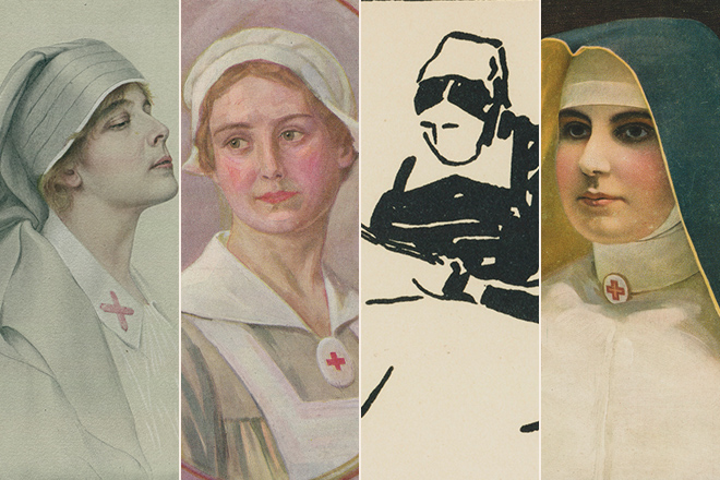 Collage aus Postkartenmotiven mit Rotkreuzschwestern