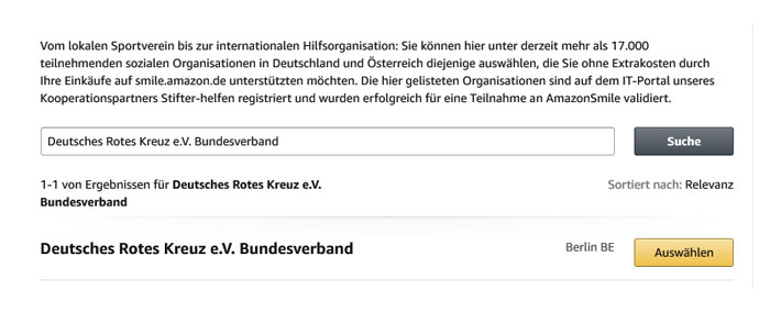 Gemeinnützige Organisation auf Amazon auswählen Auswahl der Organisation in AmazonSmile