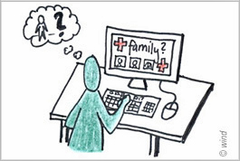 Comic/Grafik: Figur vor dem PC mit offener Trace the Face Webseite und Gedankenblase mit Fragezeichen